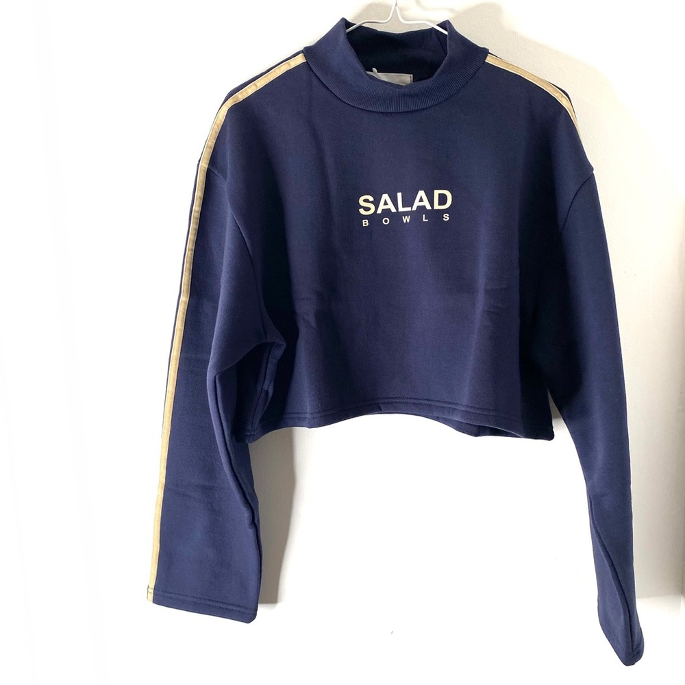 Navy Ribbed Mock Neck Cropped Pullover Velvet Stripe Oversized NWT Salad Bowls